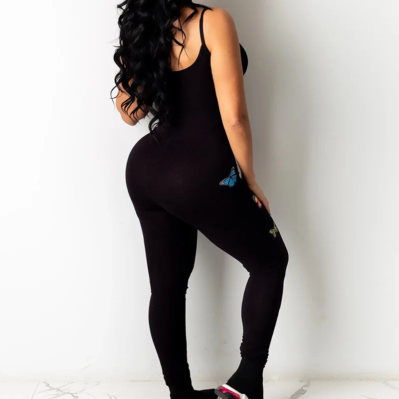 BKLD One Piece Outfit Women 2024 New Fashion Butterfly Printed Sexy Spaghetti Strap Bodycon Jumpsuit Black Party Clubwear