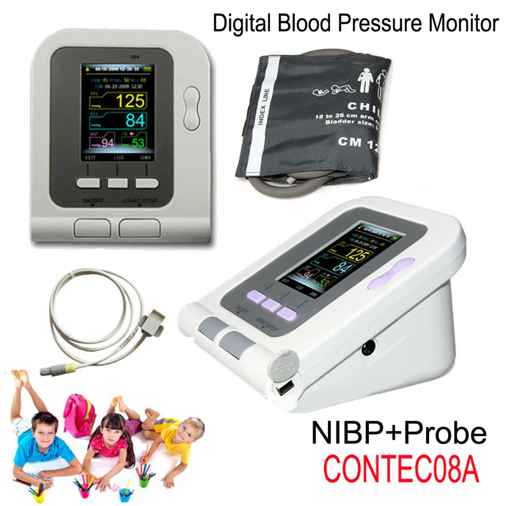 08A Child Kids Blood Pressure Monitor Pediatric Electronic Sphygmomanometer NIBP Pulse Heart Rate Beat Meter BP Cuff SPO2 Probe