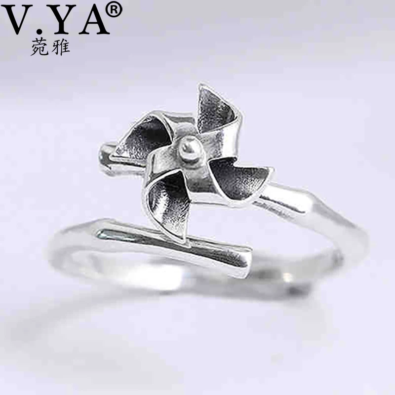 

V.YA Pure 925 Sterling Silver Windmill Rings for Women Adjustable Size Ring Fashion Creative Design Best Gifts Jewelry