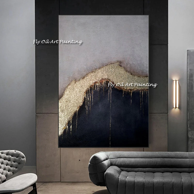 

gold foil black grey Hand painted Modern Abstract canvas Oil Paintings large size picture Living Room home Decoration Artwork