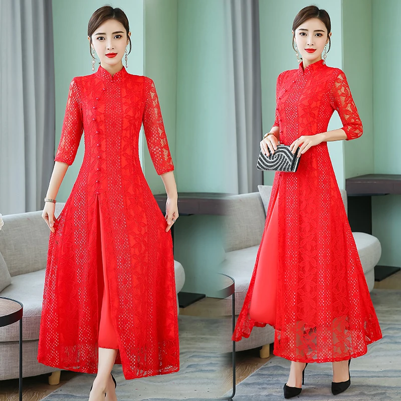 lace mesh female evening party gown elegant bridesmaid dress vestidos improved embroidery cheongsam qipao women aodai - Цвет: color2