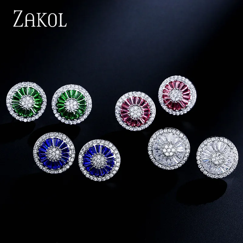ZAKOL, благородные романтические ювелирные изделия с кристаллами, роскошные круглые свадебные серьги-гвоздики с кубическим цирконием для женщин, вечерние, подарок FSEP293