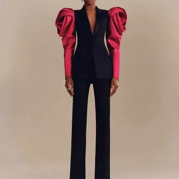 

EDGLuLu Fashion Designer Set Black Stitching Contrast Puff Sleeve Turn-down Collar Top Two Piece Set Women Pants Suit 1008