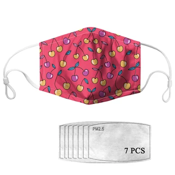 

Washable Mask Cartoon Cherry Printing Women Elastic Breathable Mouth Face Mask With 7pcs PM2.5 Filter Paper Kid Masks Masque