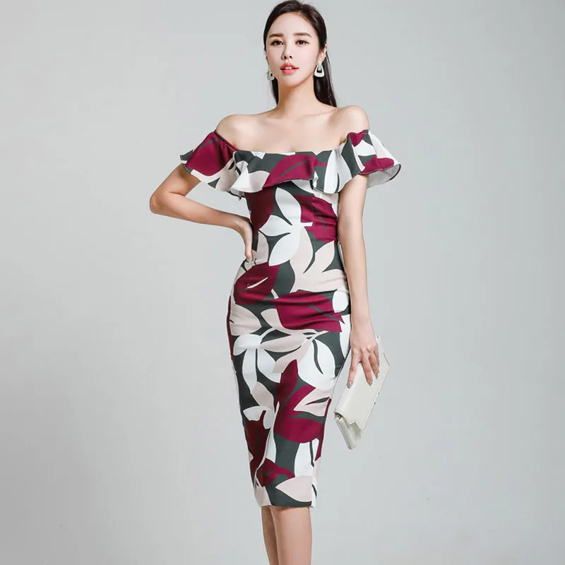 

2019 New Style Korean-style Elegant Debutante Horizontal Neck Flounced Slim Fit Mid-length Sheath Dress Women's