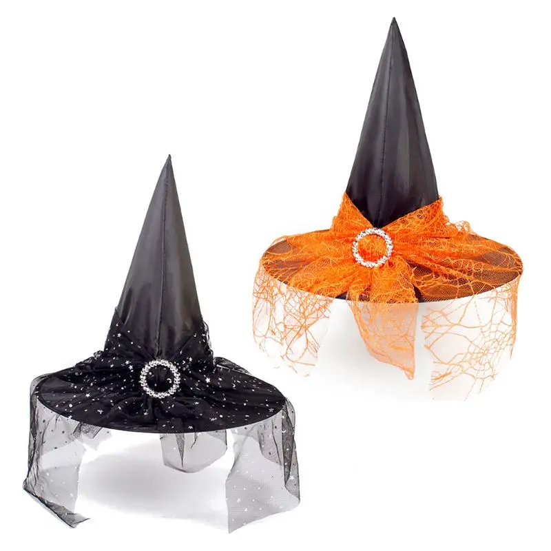 Adult Kids Halloween Cosplay Witch Hat Mesh Gauze Rhinestone Buckle Wizard Cap | Тематическая одежда и униформа