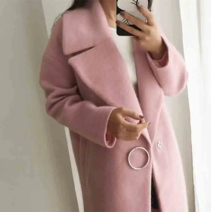 

Autumn Women Turn Down Collar Slim Solid Jacket Overcoat Long Sleeve Causal Wool Blends Button Elegant Coats