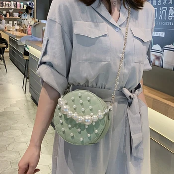 

Elegant Female Pearl Tote Round Bag 2019 Summer New High Quality Leather Women's Designer Handbag Chain Shoulder Messenger bags