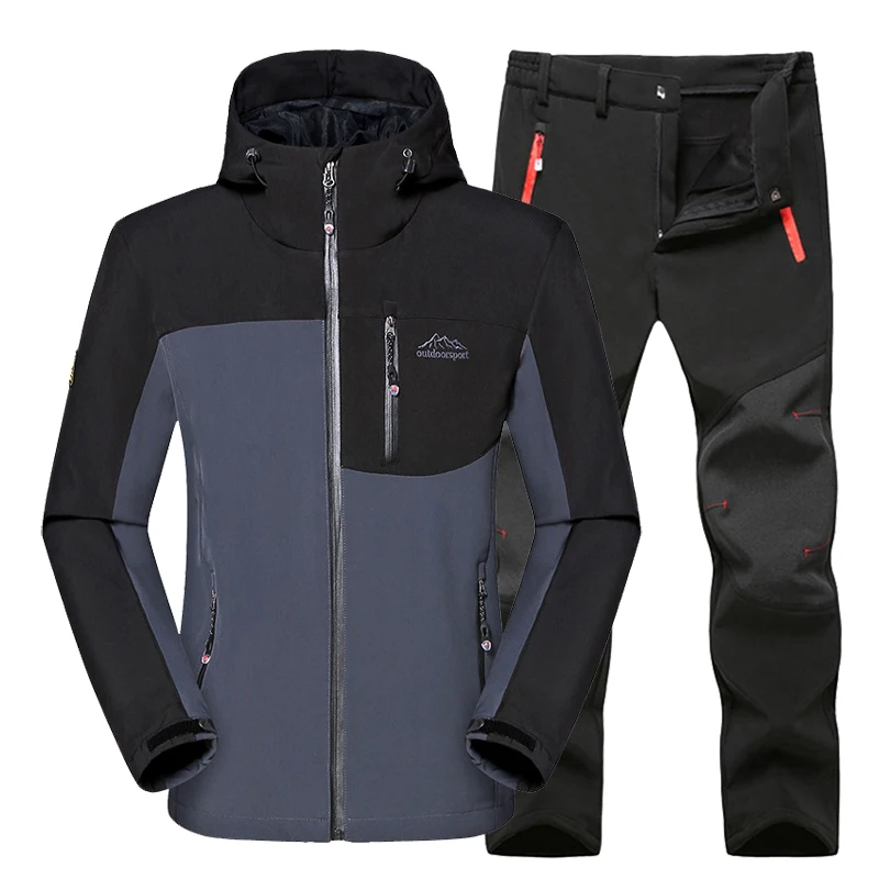 Mountainskin, мужские флисовые походные флисовые комплекты, спортивная теплая куртка для улицы, брючный костюм, тройное пальто, треккинг, Мужские штаны, VA709 - Цвет: Gray Black Suit