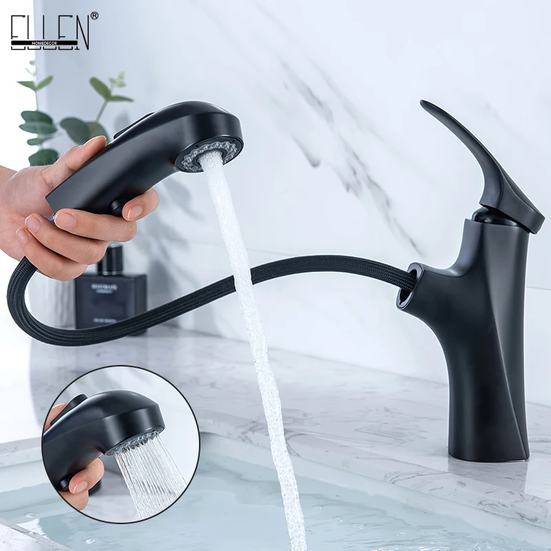 

Pull Out Bathroom Sink Faucet Black Hot Cold Water Mixer Bath Faucets Deck Mounted 2 Type Water Spray ELM821