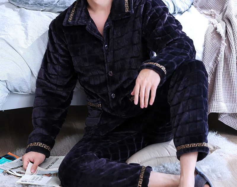 H5914 пижамы с принтом пера для мужчин утолщенная фланелевая теплая пижама костюм осень зима мужская плюшевая одежда для отдыха с длинным рукавом домашняя одежда - Цвет: StyleC