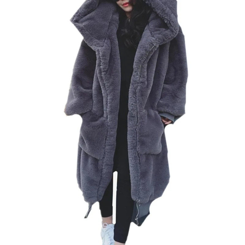 Зимняя теплая куртка с капюшоном, большой размер, длинная однотонная шуба из искусственного меха, новинка, повседневная женская меховая куртка с длинным рукавом, верхняя одежда XL