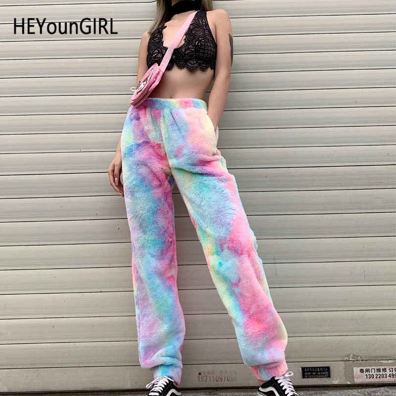 Многоцветный HEYounGIRL, с принтом галстука, меховые теплые штаны для женщин, Осень-зима, повседневные спортивные штаны, мешковатые, с высокой талией, женские брюки, уличная одежда - Цвет: Многоцветный