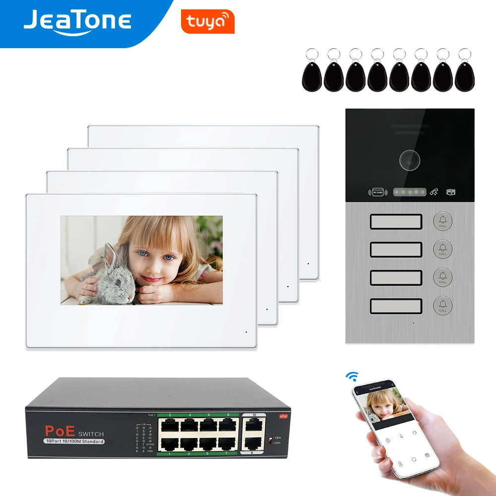 

Jeatone Wireless Smart IP Video Intercom for 4 Apartments/8 Zone Alarm with 170° Viewing Degree Doorbell Card/Screen/APP Unlcok