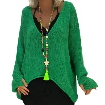 

Plus Size Loose Women Solid Color V Neck Long Sleeve Sweater Irregular Jumper Knitted Fabric, Polyester, Spandex Women's Sweater