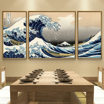 

3 Panels Canvas Paintings Japanese Style Traditional Posters Wave Kanagawa Vintage Wall Art Picture for Living Room Home Decor