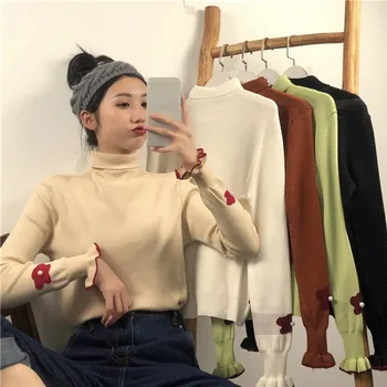 

Women Pearl Flower Sweaters Ruffled Long-sleeve Knitted Pullover Autumn Winter Female Turtleneck Sweaters