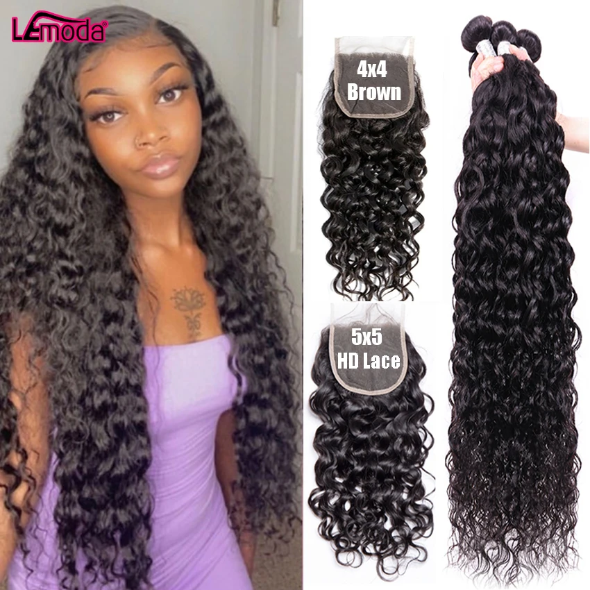 5x5 HD de cierre de encaje con mechones de la onda de agua de extensiones de cabello humano mechones con Frontal Lemoda Remy peruano de la onda profunda de la extensión de la armadura del pelo