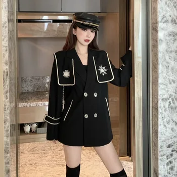 

Women Trench Coat Blazer Sailor Collar Long Sleeve Loose Fit Jacket Fashion Tide Spring Autumn Navy Shawl Windbreaker Plus Size