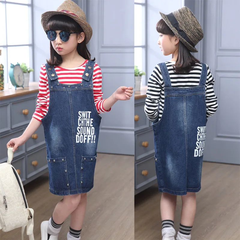 Детское джинсовое платье для девочек Лето г., детские комбинезоны джинсовые ремни платье Детский сарафан, одежда для девочек 6, 8, 10, 12, 14 лет
