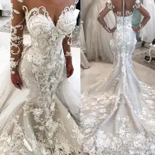 Роскошное Русалка свадебное платье с 3d цветами прозрачное шеи Vestido De Novia с длинными рукавами плюс размер свадебные платья