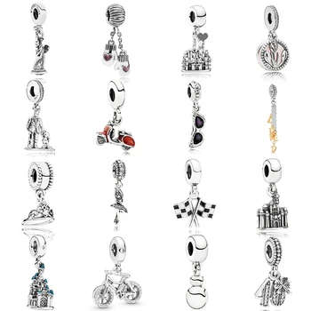 

NEW 2019 100% 925 Sterling Silver Racing Finish Line Motorcycle Glasses Castle Pendant Fit DIY Original Women Bracelet Jewelry