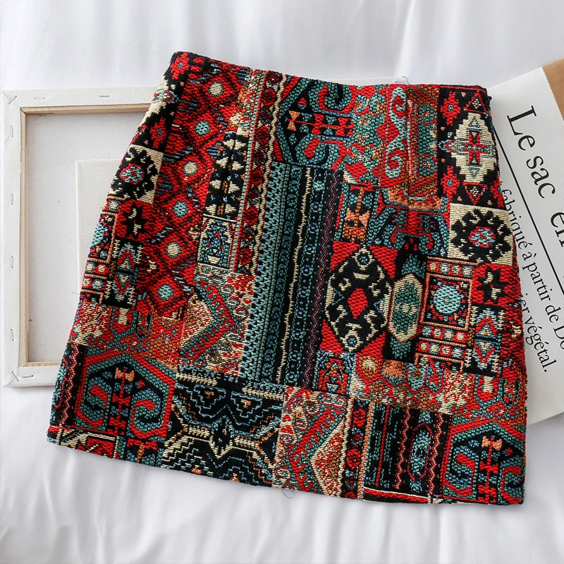 printed red Винтажные женские юбки с вышивкой и высокой талией,, жаккардовые, с цветочным узором, в полоску, Boho, узкие, зима-осень, Женская Сексуальная мини-юбка - Цвет: printed red