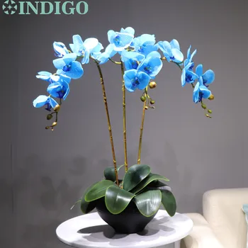 

INDIGO - Blue Orchid Flower Arrangment 90cm (3 orchid+3 leaf) Real Touch Flower Wedding Party Decoration Event Interior Trim