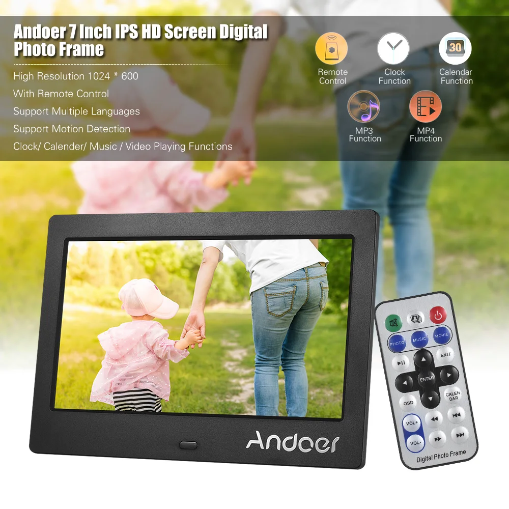 

7" IPS HD Screen 1024*600 Digital Photo Frame Music Video Playing Clock Alarm Calender Multiple Language Remote Control