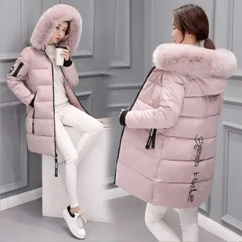 

2019 winter new style down jacket women's mid-length thick Korean slim fur collar hooded cotton coat