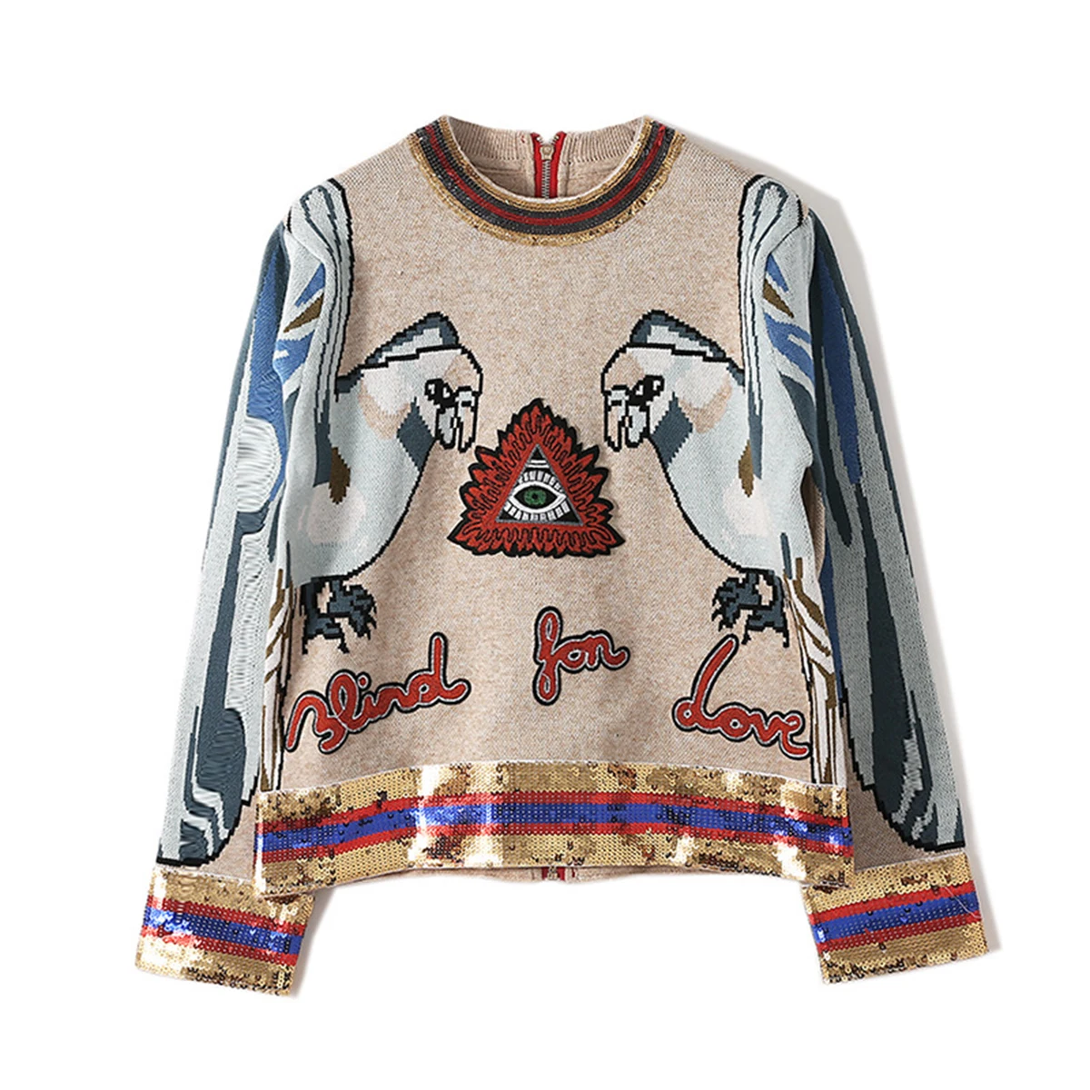 

Winter Autumn Knitted Sweater Long Sleeve Zipper O Neck Embroidery Sequin Vintage Sweater 2019 Women Sweaters Tops