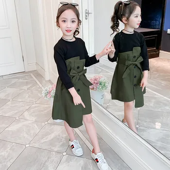 

2020 Big Girl Spring Autumn Dress With Belt Fashion Girl Kids Long Sleeved Fake 2pcs Vestidos Children Clothes 4-14T