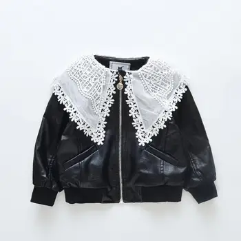 

Toddler Korean style lace patchwork Pu leather jackets baby girls princess coats kids outerwear children clothes tops ws1091