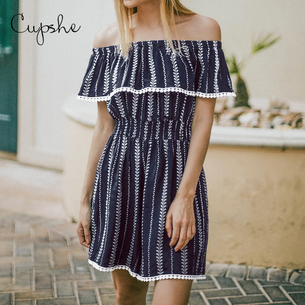 

CUPSHE Navy Print Off-The-Shoulder Romper Woman Ruffled Short Jumpsuit 2019 New Elegant Overalls Summer Beach Female Streetwears