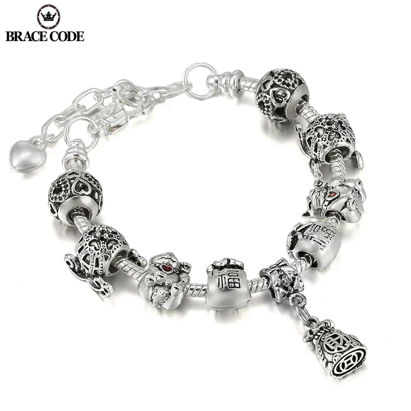 

High-quality vintage silver-plated Fine Bracelet DIY Lucky Cat and Fortune 'Cai' Fu' Pendant Meaning Good Luck Bracelets