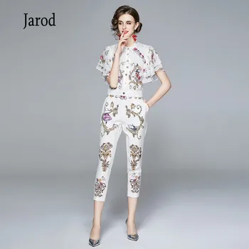 

2020 New fashion Summer 2 Pieces Set Women Elegant Short sleeve print chiffon Shirt Top+High waist pencil Suit