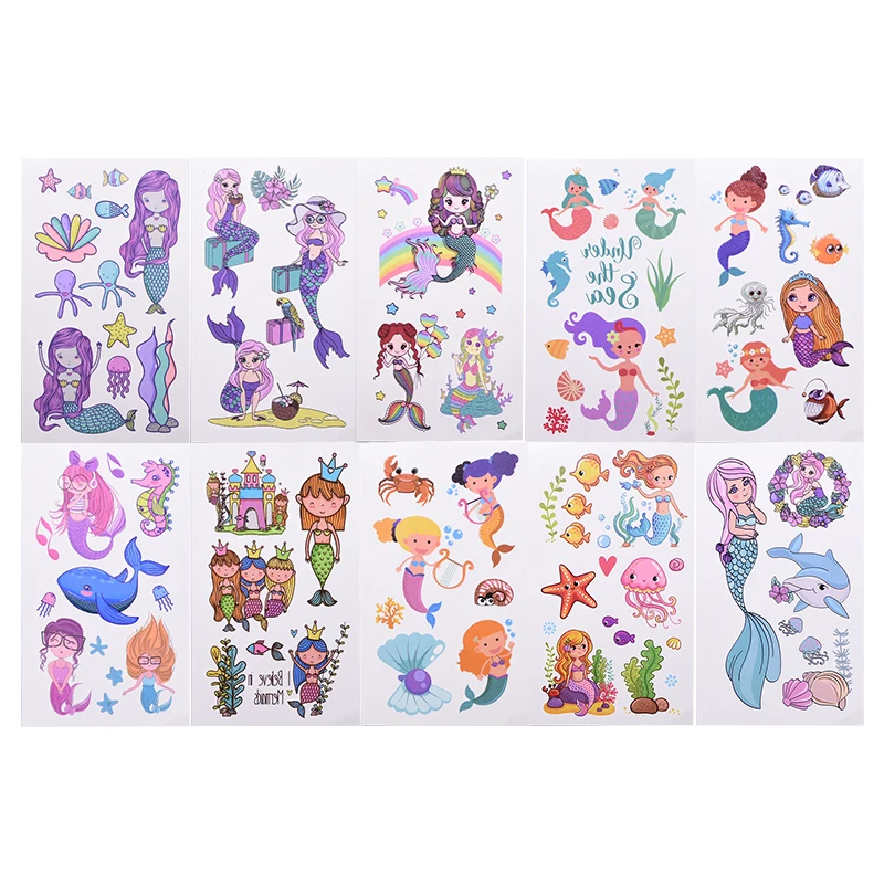 10/20 piezas de pegatinas de tatuajes temporales de animales de dibujos animados de sirena de mar Waterproo tatuaje pegatina para niños decoración de fiesta de cumpleaños suministro
