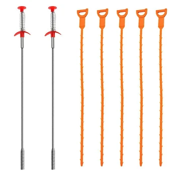 

7 Pack Drain Snake, 20 inch Hair Drain Clog Remover Drain Relief Auger Cleaning Tool (2 Stainless Steel and 5 Plastic)