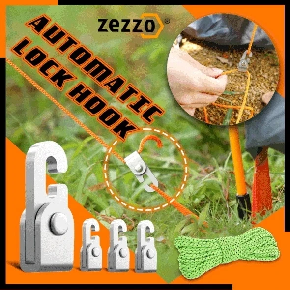 

Zezzo® Automatic Lock Hook Self-locking Free Knot Easy Tighten Rope Kit For Camping Tent Accessories 4pcs Hooks with 1pc 6m Rope