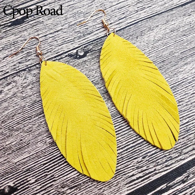 

Cpop Trendy Yellow Genuine Goat Leather Earrings Women Nature Solid Color Feather Elegant Tassel Dangle Earrings Fashion Jewelry