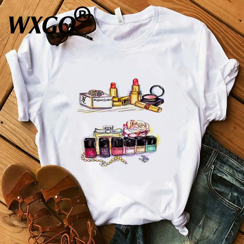 

Vogue Women T Shirt Make Up Collection Lipstick Seaside T-Shirt women Cotton Summer Shirt Lady Bird Owl Luxury women T-shirts