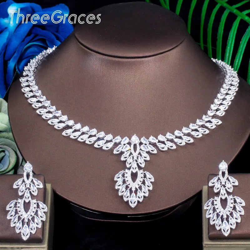 ThreeGraces Великолепный Белый CZ Marquise Cut большая висячая люстра Висячие серьги и ожерелье свадебный комплект ювелирных изделий для невесты JS635