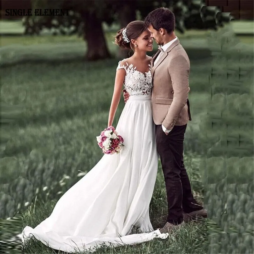 

SINGLE ELEMENT Boho Wedding Dresses A Line White Ivory A Line Appliques Lace Chiffon Beach Bridal Dress