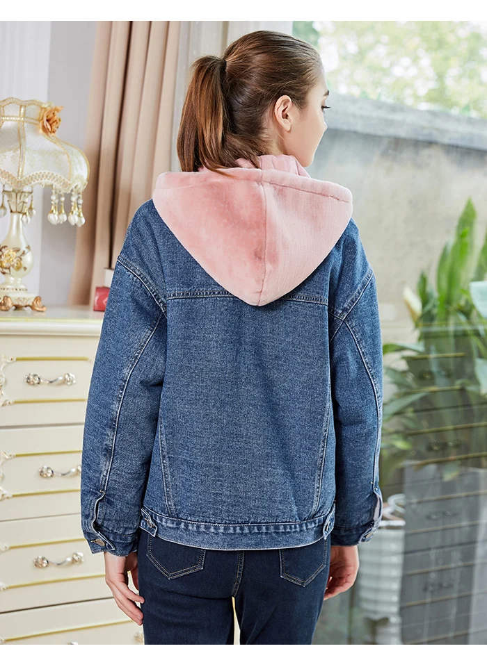 Женская джинсовая куртка с начесом LEIJIJEANS, теплая стильная куртка с розовым капюшоном, новая молодежная модель 9226R большого размера на зиму