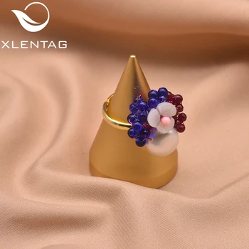 

XlentAg 925 Sterling Silver Handmade Ring Natural Pearl And Blue Purple Stone Flower Ring For Women Wedding Fine Jewelry GR0230A