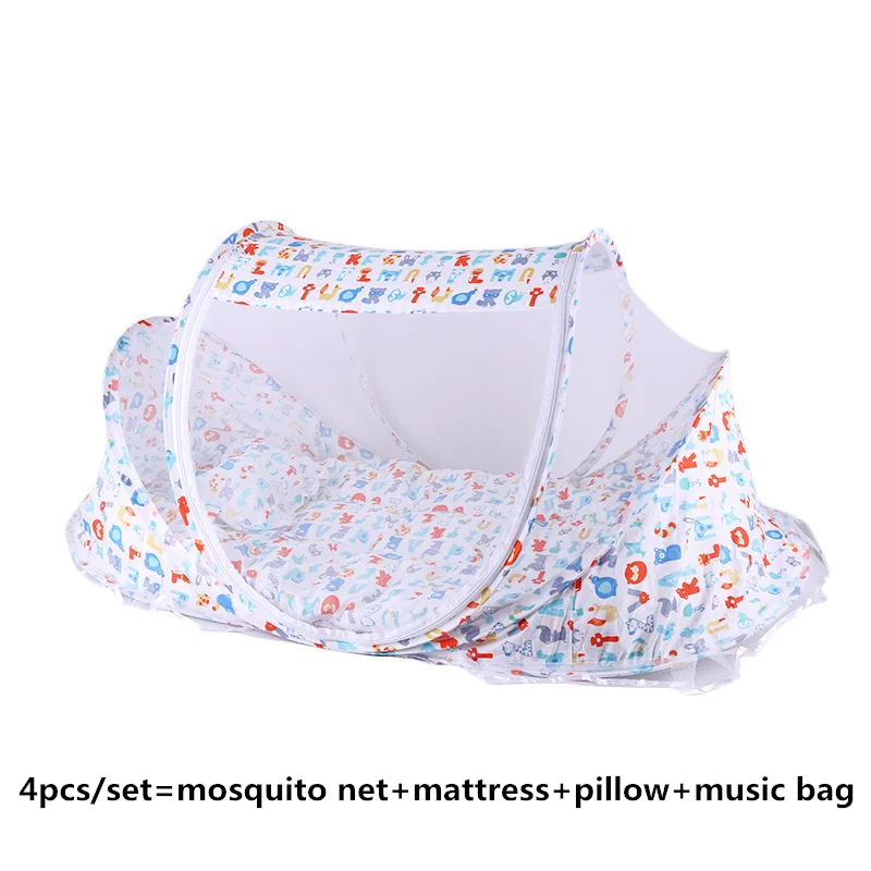 White 4pcs set От 0 до 24 месяцев, детские постельные принадлежности, сетка, сетка, складные детские москитные сетки с Матрас Подушка, музыкальный мешок или охлаждающий коврик, подушка - Цвет: White 4pcs set