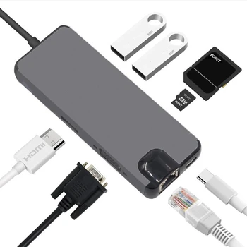 

8 In 1 Type C to HDMI VGA Gigabit Ethernet Lan RJ45 Hub Card Reader for Macbook Air Pro For Huawei Xiaomi Samsung
