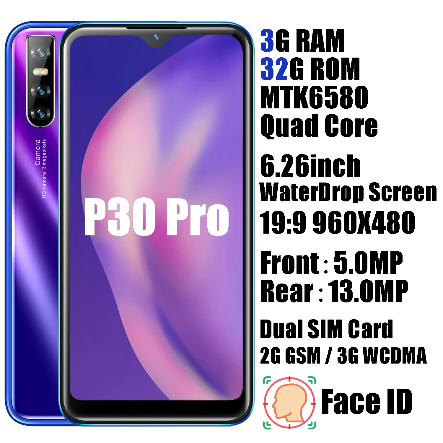 P30 Pro 4 грамма+ 64 гром четырехъядерный смартфон 6,2" Капля воды экран мобильные телефоны Лицо ID 13 МП мобильные телефоны Android телефон celulares - Цвет: Purple P30 Pro 3-32