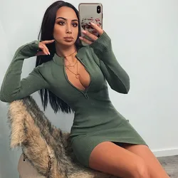 2021 nova gola gola com nervuras com zíper profundo decote em v sólido estiramento bodycon lápis festa mini vestido