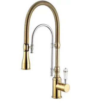 

Vidric Luxury Gold/Chrome Kitchen Faucet Tap Two Swivel Spouts Extensible Spring Mixer Pull Out Kitchen Sink Faucet Pull Down Si